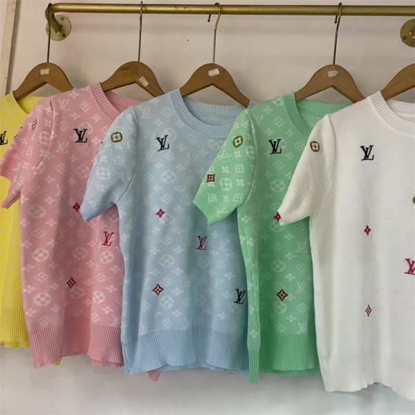 Lv ルイヴィトン ハイブランドtシャツ ストレッチ カットソー ニットtシャツ レディース トップス 上着 半袖セーター カジュアル 綿 コットン 夏服 夏 ティーシャツ ｔシャツ S - L