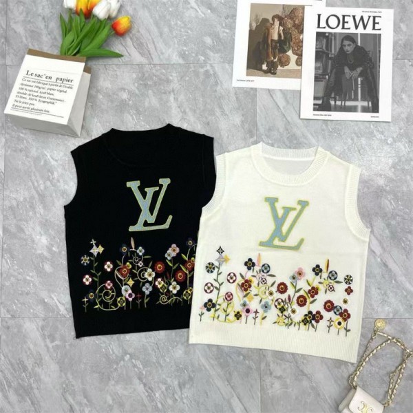 ルイヴィトンニットタンクトップ レディース Lv ノースリーブ クールネック ニット カットソー トップス リブニット タートルネック セーター 薄手 スリム 花がら  S - L