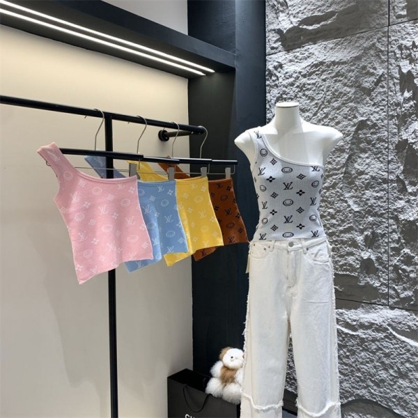 ルイヴィトンニットタンクトップ レディース Lv トップス ニット ノースリーブ ショート丈 へそ出し重ね着 夏 ニットキャミソール ワンショルダー 薄手 カットソー 