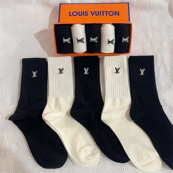 Lv ルイヴィトンハイブランド ソックス 綿製レディース向け 靴下 かわいい上質な コットン ソックス くつしたブランドソックス 男女兼用 ファッション5足セット