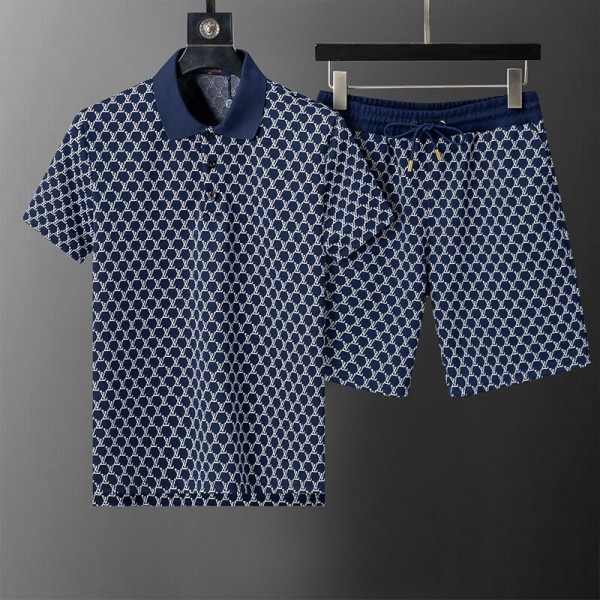 ブランド ルイヴィトンメンズ セットアップ 夏服 Lv ポロシャツ＋ショートパンツ 半袖 上下セット 大きいサイズ ゆったり 流行り ある立体生地 通気 吸汗速乾 カジュアル ゴルフウェア 部屋着 M-3XL