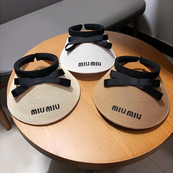 MiuMiuサンバイザー レディース UVカット ミュウミュウ サンハット 日除け帽子 蝶結び 麦わら 春夏 つば広 小顔効果 吸汗速乾 テニス ゴルフ アウトドア