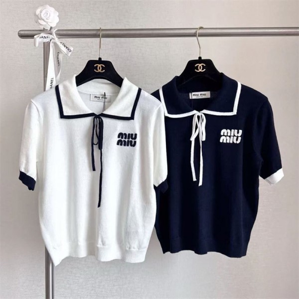 MiuMiuポロニット 半袖 セーター ミュウミュウ半袖ニット ポロシャツ ニットｔシャツ レディース 襟付き 薄手 気質 春服 夏服 秋服 トップスS - 2XL 