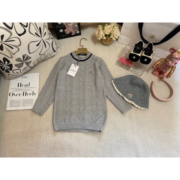 モンクレールキッズセーター 女の子 Moncler 子供服 キッズ ニット帽 2点セット 秋冬ニットワンピース クールネック 100-140cm ロング 長袖 厚手 暖かい 防寒 柔らかい コットン 可愛い 通学 カジュアル おしゃれ ファション