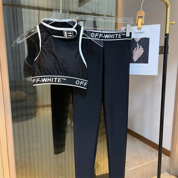 オフホワイトヨガウェア 上下セット Off-White スポブラ 揺れない ヨガパンツ ヨガブラ スポーツブラ スポーツウェア タイツ トレーニング S - XL レディース