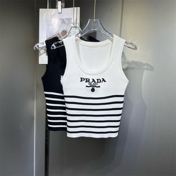 プラダタンクトップ レディース トップス ニット Pradaノースリーブ ショート丈 へそ出し重ね着 夏 キャミソール Tシャツ 薄手 カットソー キャミソール