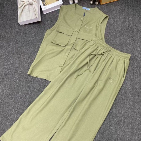プラダレディース 無袖ｔシャツ ノースリーブ tシャツ Prada ワイドパンツ セットアップ トップス 上下セット 2点セット S- L ロングパンツ ガウチョパンツ パンツスーツ プルオーバー ズボン シャツ ストライプ カジュアル 夏 ゆったり