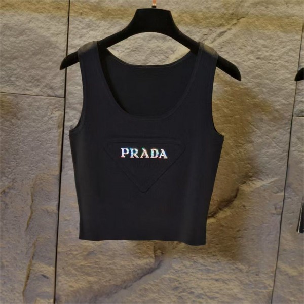 プラダタンクトップ ニット Pradaニットトップス レディース ショート丈 薄手 インナー ノースリーブ 重ね着 カットソー トップス リブ キャミソール 無地 柔らかい 部屋着 春 夏 秋
