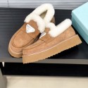 ブランドプラダモカシン かぶせファーデザイン Prada スエード ムートン モカシン シューズ レディース ムートンファー ファーローファー  225¬250cm  あったかい 冬 冬服 冬用 靴