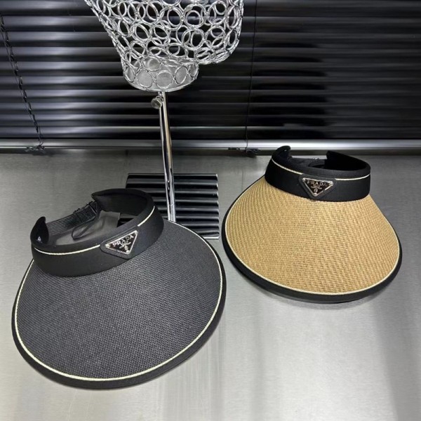 ブランドプラダサンバイザー レディース Pradaサンハット 麦わら UVカット 日除け帽子 春夏 拡大ツバ広 小顔効果 飛ばない アウトドア 吸汗速乾 ウォーキング