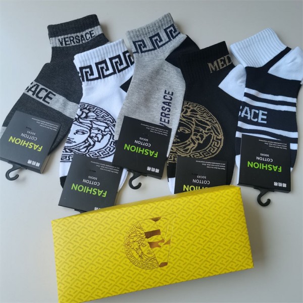 Versace ヴェルサーチハイブランド ソックス 綿製コットン 靴下 メンズ 通気性上質な コットン ソックス くつしたブランドソックス 男女兼用 ファッション5足セット