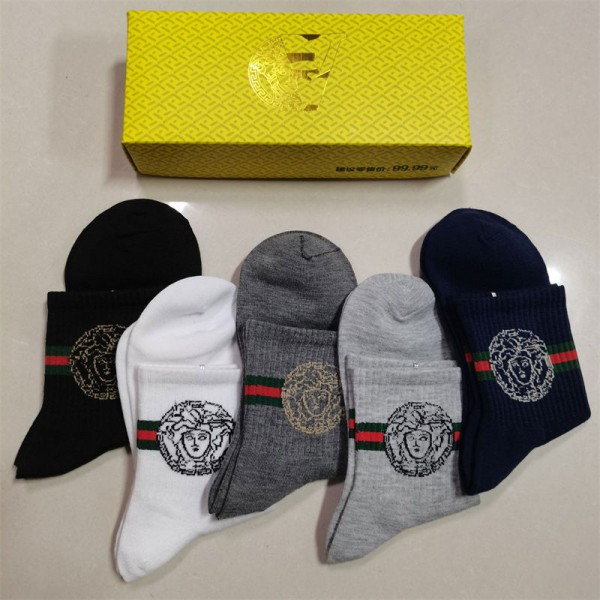 Versace ヴェルサーチハイブランド ソックス 綿製ブランド ストッキング 大人気コットン 靴下 メンズ 通気性ブランドソックス 男女兼用 ファッション 5足セット