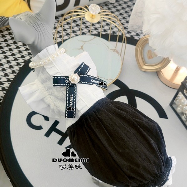 ハイブランド chanel 猫用品 ワンピース かわいい シャネル 猫の洋服 ドレス デボンレックス服 無毛猫スフィンクス服 小型猫専用ウェア パールネックレス キュート飾り 写真記念 蝶結び付き お出かけ着 S~4XL