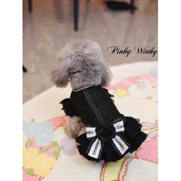 ブランド Chanel ペット服 犬の洋服 ワンピース シャネル 犬猫 ドレスアップ かわいい 猫服 ツバキ柄 蝶結び付き お姫様風 犬のスカート お出かけ着 ブラック 暖かい 使い心地よい XS~XL