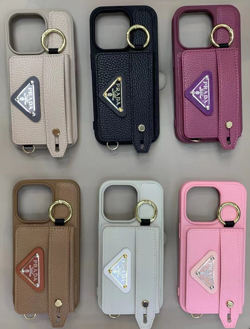 Prada プラダ ブランド iphone 14/14 pro/15 pro maxケース インスタ風 ハンドバンド付き カード入れ レザー